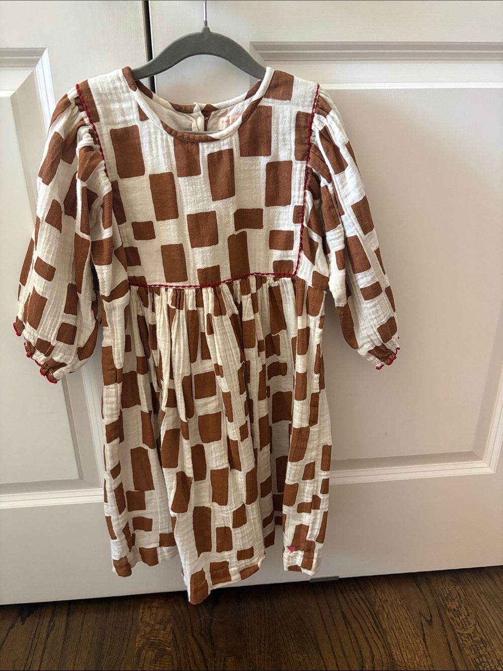 Pink Chicken Cream and Brown Block-Print Cotton Dress